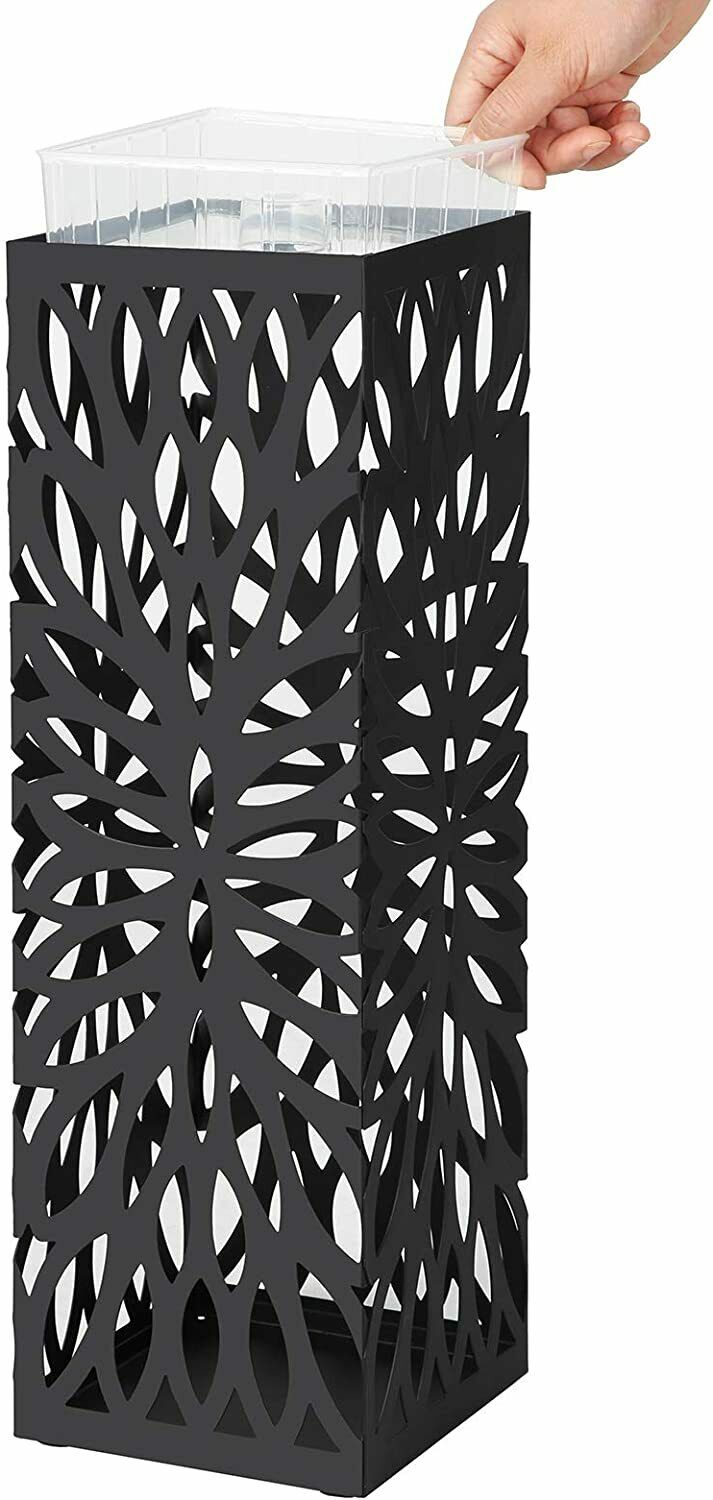 Paragüero de metal con 4 ganchos y bandeja recogegotas extraíble negro