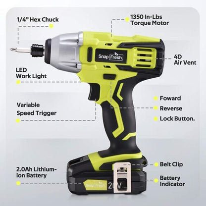 20V Cordless Impact Driver Set, 1/4" Keyless Hex Chuck, 1350 In-lbs Max Torque