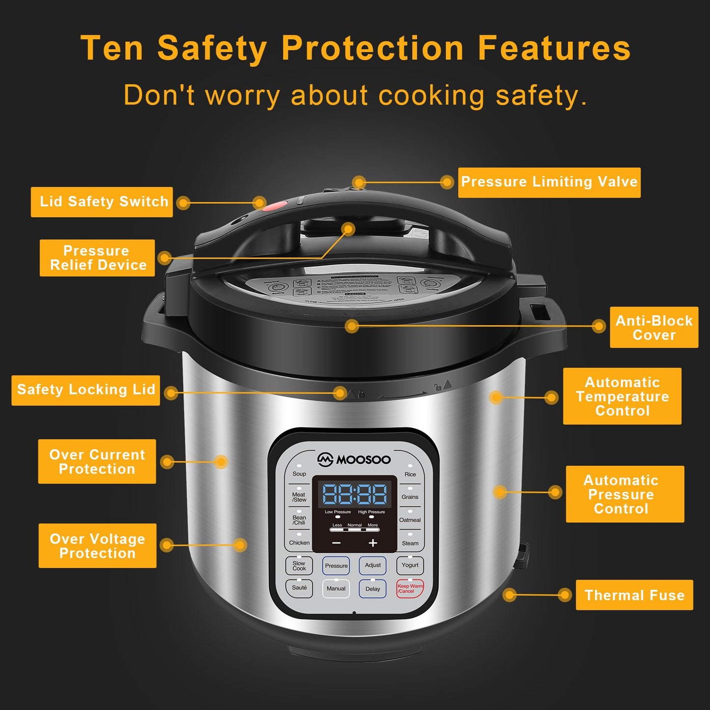 MOOSOO 12-in-1 Electric Pressure Cooker 6 Quart with ETL Certified ,10+ Accessories and Recipes MP90