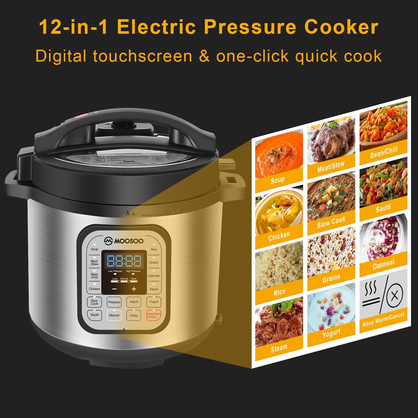 MOOSOO 12-in-1 Electric Pressure Cooker 6 Quart with ETL Certified ,10+ Accessories and Recipes MP90