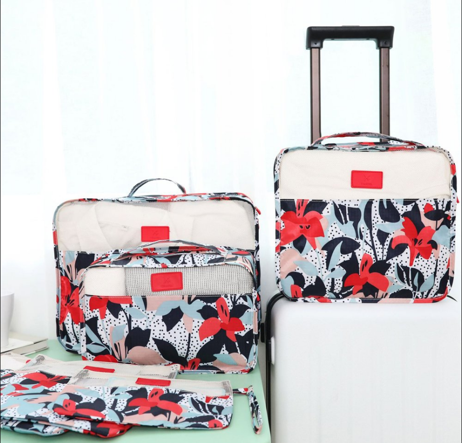 6pcs Flower Print Travel Organisers Set Luggage Compression Pouches