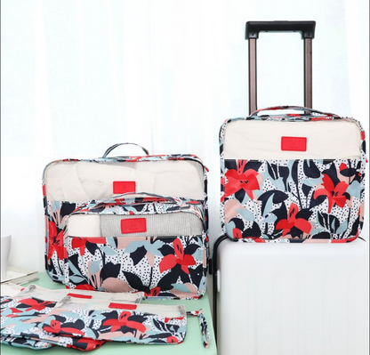 6pcs Flower Print Travel Organisers Set Luggage Compression Pouches