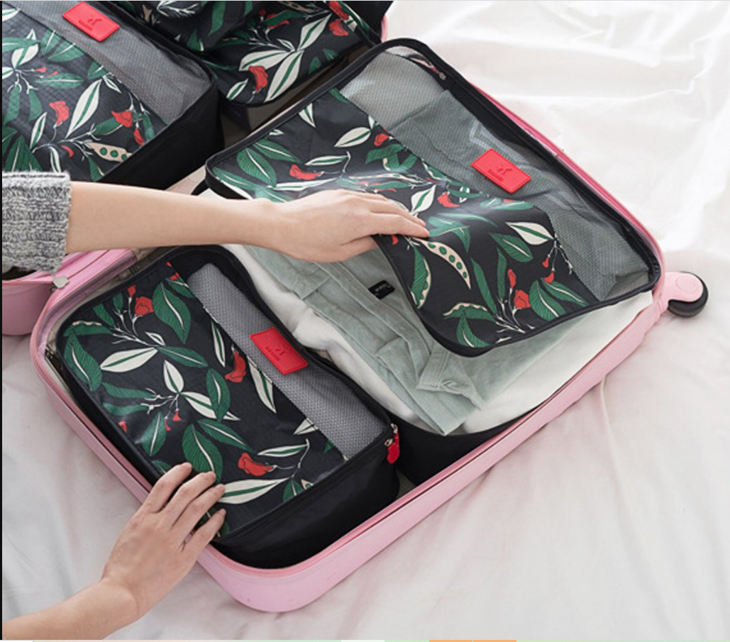 6pcs Flower Print Travel Organisers Set Luggage Compression Pouches