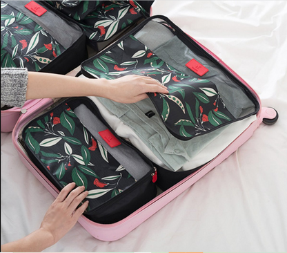 6pcs Flower Print Travel Organisers Set Luggage Compression Pouches