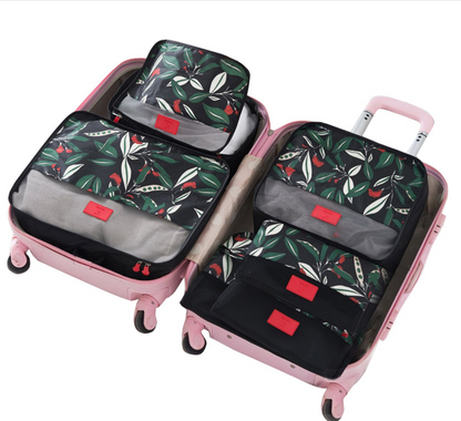 6pcs Flower Print Travel Organisers Set Luggage Compression Pouches