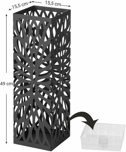 Paragüero de metal con 4 ganchos y bandeja recogegotas extraíble negro