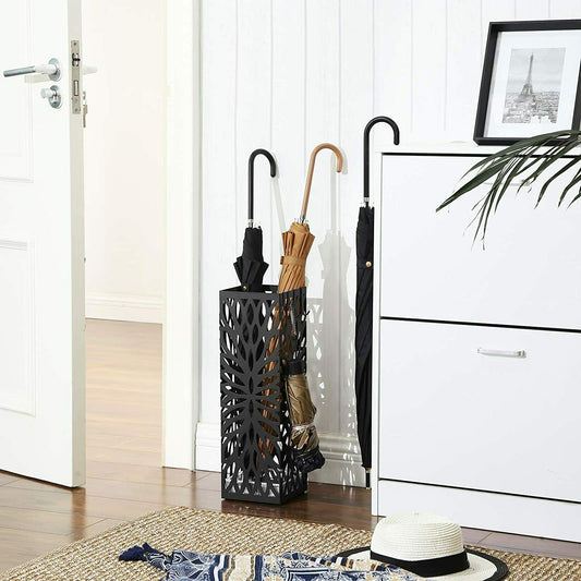 Paragüero de metal con 4 ganchos y bandeja recogegotas extraíble negro