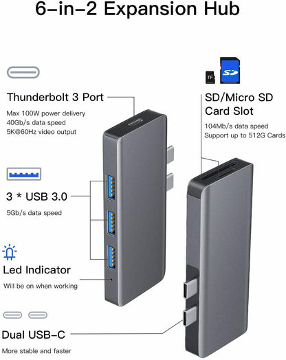 6 in 2 USB C Hub SD/TF Card Reader, Aluminum Type C 3.0 Hub For MacBook Pro, PC